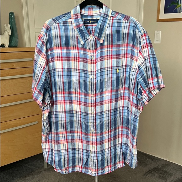 Ralph Lauren Shirt - Blue Red Plaid Linen Button Down Short Sleeve - XXL - Picture 1 of 9